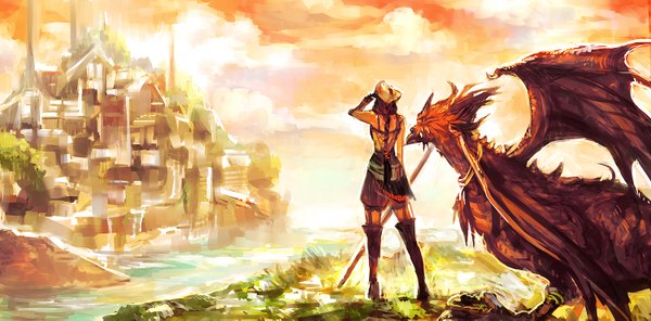 Anime picture 1500x741 with original tsuyomaru long hair brown hair wide image bare shoulders sky cloud (clouds) from behind city single braid river girl plant (plants) hat shorts thigh boots grass dragon