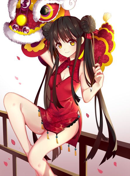 Anime picture 1000x1348 with original akira (ying) single long hair tall image looking at viewer light erotic black hair smile sitting twintails holding yellow eyes bent knee (knees) traditional clothes hair bun (hair buns) fur trim sleeveless shiny skin gradient background