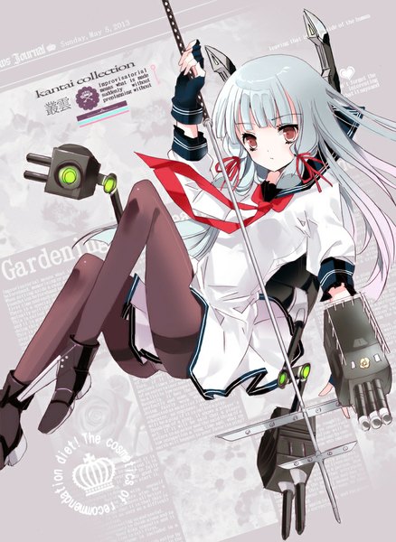 Anime picture 758x1038 with kantai collection murakumo destroyer cierra (ra-bit) single long hair tall image looking at viewer brown eyes silver hair inscription tress ribbon girl gloves ribbon (ribbons) weapon hair ribbon pantyhose fingerless gloves sailor suit