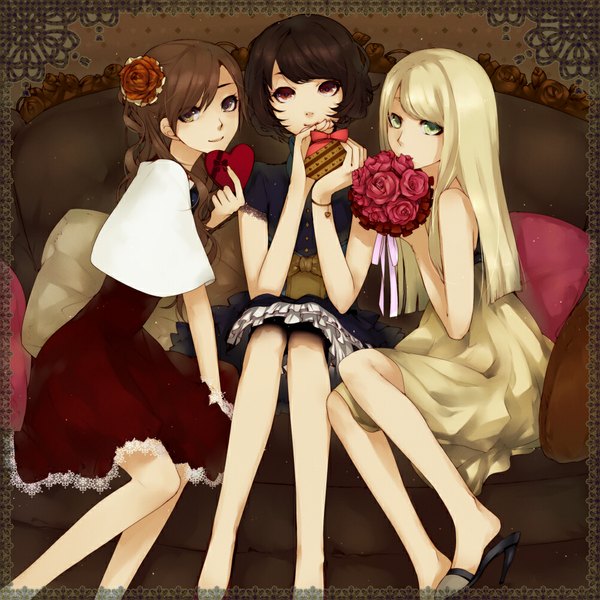 Anime picture 1000x1000 with original matsunaka hiro long hair short hair black hair blonde hair smile red eyes brown hair sitting multiple girls green eyes girl dress flower (flowers) 3 girls