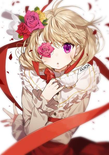 Anime picture 700x1000 with original sorolp single tall image looking at viewer short hair open mouth blonde hair simple background white background purple eyes holding signed ahoge hair flower blurry :o floating hair messy hair borrowed character