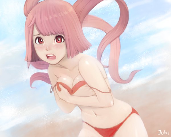 Anime picture 3000x2400 with original jubi (regiana) single long hair looking at viewer fringe highres breasts open mouth light erotic red eyes signed pink hair blunt bangs blurry leaning leaning forward beach crossed arms strap slip