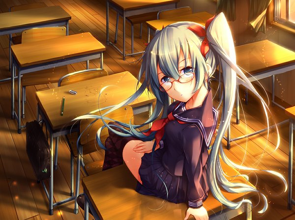 Anime picture 1045x782 with vocaloid hatsune miku mizunoto nozumi single long hair looking at viewer blush fringe sitting twintails pleated skirt looking back aqua eyes wind sunlight aqua hair crossed legs evening sunset classroom