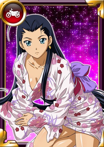 Anime picture 567x800 with ikkitousen kakouen myousai single long hair tall image breasts blue eyes light erotic black hair large breasts cleavage ahoge traditional clothes japanese clothes leaning floral print girl obi yukata single earring