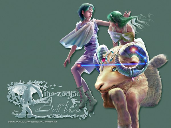 Anime picture 1600x1200 with kagaya long hair short hair simple background multiple girls horn (horns) green hair realistic 3d zodiac aries (zodiac) girl 2 girls boots jewelry sheep