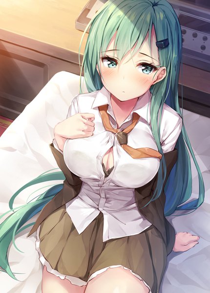 Anime picture 650x906 with kantai collection suzuya heavy cruiser xe (execut3r) single long hair tall image looking at viewer blush fringe breasts light erotic hair between eyes large breasts green eyes indoors pleated skirt green hair from above open shirt alternate costume