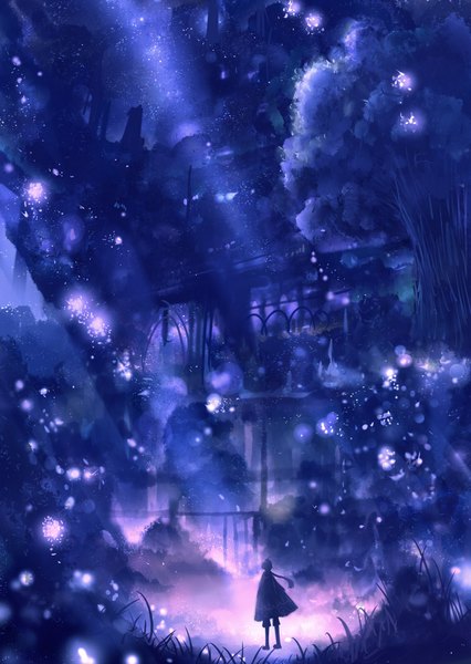 Anime picture 810x1140 with original bounin single long hair tall image standing looking away ahoge ponytail wind from behind night night sky magic girl plant (plants) petals tree (trees) shorts building (buildings)