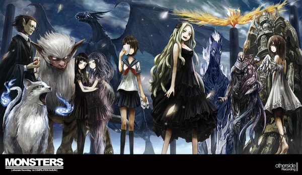 Anime picture 1900x1102 with toi (number8) long hair highres short hair open mouth black hair smile brown hair wide image purple eyes multiple girls yellow eyes purple hair looking back hair flower pointy ears inscription night magic group