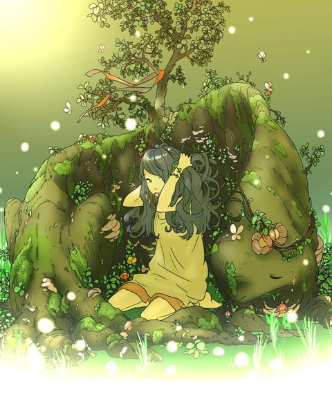 Anime picture 1322x1654 with miyama fugin long hair tall image black hair simple background sitting lying eyes closed sleeping girl flower (flowers) plant (plants) animal tree (trees) bracelet insect butterfly dragon fireflies