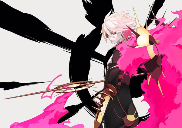 Anime picture 2048x1448 with fate (series) fate/extra fate/extra ccc karna (fate) akamiso (k074510) single looking at viewer fringe highres short hair hair between eyes white hair looking back aqua eyes grey background boy armor single earring spikes