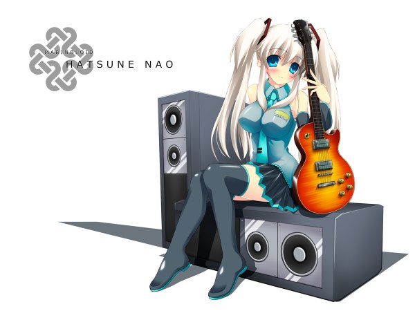 Anime picture 1200x900 with mabinogi vocaloid hatsune miku nao (mabinogi) light erotic white background girl guitar