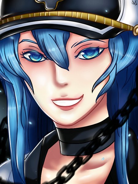 Anime picture 800x1067 with akame ga kill! white fox esdeath vince single long hair tall image looking at viewer fringe blue eyes smile blue hair lips close-up face girl uniform hat chain
