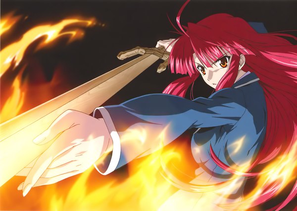 Anime picture 1733x1236 with kaze no stigma kannagi ayano highres red hair girl sword fire flame