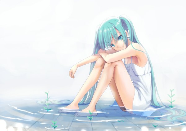 Anime picture 1190x841 with vocaloid hatsune miku xiangtu single long hair blue eyes smile white background sitting twintails bare shoulders barefoot green hair girl plant (plants) water sundress