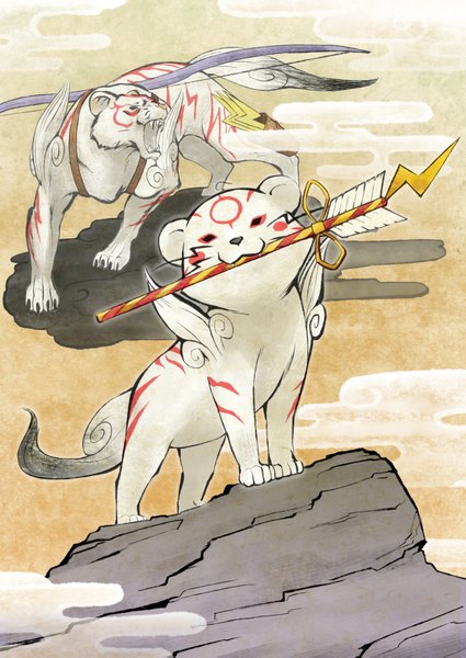 Anime picture 2507x3541 with okami okamiden tall image highres cloud (clouds) mouth hold lightning animal wings arrow (arrows) wolf