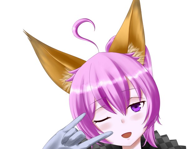 Anime picture 1122x897 with tera online zatsuon (artist) single looking at viewer blush short hair open mouth white background purple eyes animal ears pink hair one eye closed wink girl