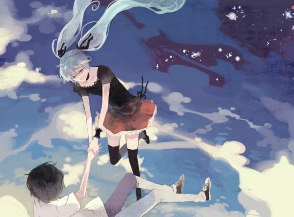 Anime picture 2763x2038 with vocaloid 1/6 vocaloid hatsune miku kyang692 highres short hair black hair twintails sky cloud (clouds) very long hair aqua eyes aqua hair flying girl thighhighs skirt