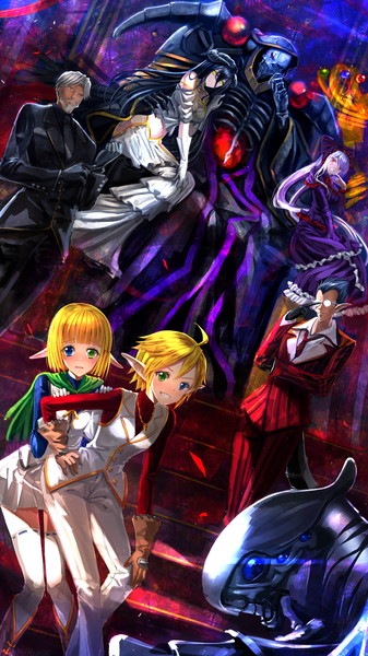 Anime picture 1018x1809 with overlord (maruyama) madhouse albedo (overlord) shalltear bloodfallen ainz ooal gown aura bella fiora mare bello fiore sebas tian demiurge cocytus swordsouls long hair tall image blush fringe short hair blue eyes black hair blonde hair smile