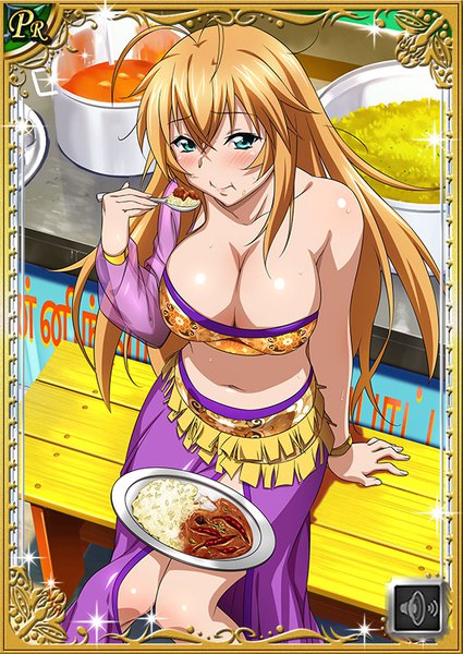 Anime picture 567x800 with ikkitousen sonsaku hakufu single long hair tall image blush fringe breasts light erotic blonde hair hair between eyes large breasts sitting cleavage ahoge traditional clothes aqua eyes from above card (medium) eating
