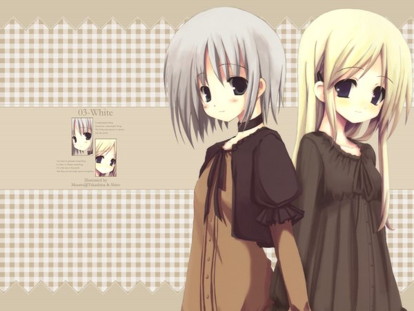 Anime picture 1600x1200 with shiro long hair looking at viewer blush short hair blonde hair multiple girls grey hair girl 2 girls