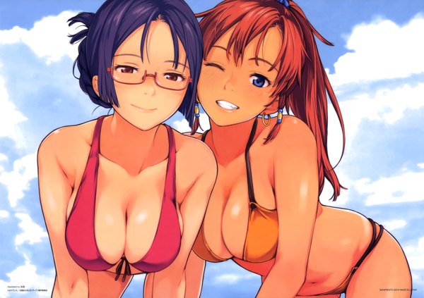 Anime picture 7019x4958 with suisei no gargantia production i.g bellows (suisei no gargantia) ridget (suisei no gargantia) kamo (gafas) long hair looking at viewer blush highres breasts blue eyes light erotic smile red eyes large breasts multiple girls payot blue hair absurdres sky