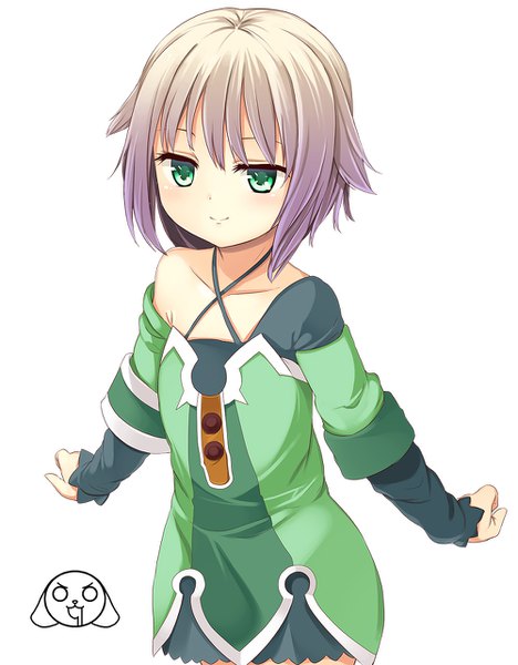 Anime picture 1000x1282 with original mahcdai single tall image blush fringe short hair simple background blonde hair smile white background bare shoulders green eyes signed looking away multicolored hair two-tone hair loli flat chest gradient hair
