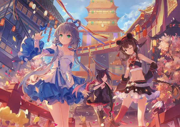 Anime picture 1902x1345 with vocaloid vocaloid china luo tianyi yuezheng ling criin long hair looking at viewer blush fringe highres short hair black hair smile red eyes brown hair twintails bare shoulders multiple girls green eyes animal ears