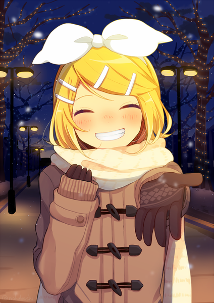 Anime picture 679x960 with vocaloid kagamine rin nokuhashi single tall image blush fringe short hair blonde hair smile signed outdoors eyes closed long sleeves head tilt night teeth night sky grin outstretched arm