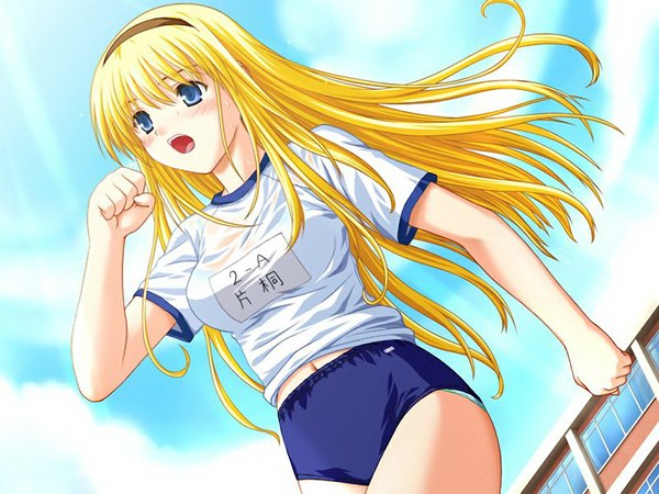 Anime picture 1024x768 with raspberry katagiri cheryl nekonyan long hair open mouth blue eyes blonde hair game cg girl uniform gym uniform