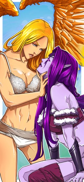 Anime picture 2542x5463 with league of legends morgana (league of legends) kayle (league of legends) uger long hair tall image highres blue eyes light erotic blonde hair multiple girls purple hair lips pointy ears underwear only shoujo ai siblings sisters purple skin blank eyes