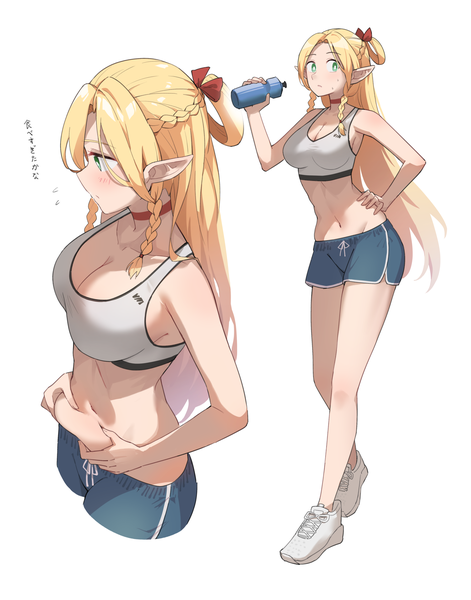 Anime picture 1500x1910 with dungeon meshi studio trigger marcille donato profnote single long hair tall image breasts light erotic simple background blonde hair large breasts white background green eyes pointy ears midriff alternate costume hand on hip groin multiview