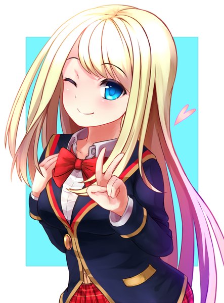 Anime picture 1000x1352 with girlfriend (kari) chloe lemaire suke single long hair tall image blush fringe blue eyes simple background blonde hair smile pink hair one eye closed wink victory framed girl uniform bow