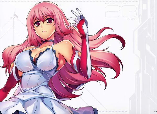 Anime picture 9301x6728 with freezing sawatari isuzu kim kwang hyun single long hair blush highres breasts large breasts pink hair absurdres cleavage pink eyes scan official art girl dress