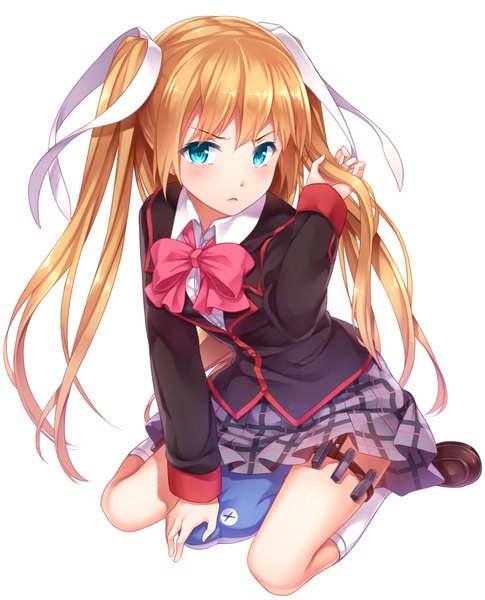 Anime picture 728x900 with little busters! key (studio) tokido saya yasuno (airy light) single long hair tall image blush fringe simple background blonde hair white background sitting twintails full body aqua eyes kneeling plaid skirt angry holding hair