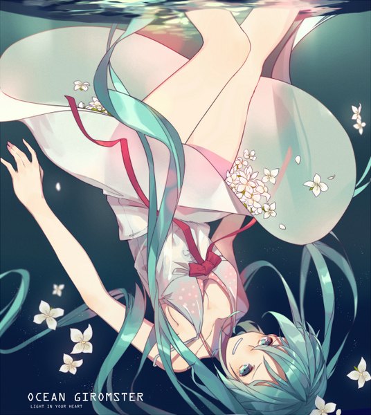 Anime picture 2404x2692 with vocaloid hatsune miku ryuutsuki basetsu single long hair tall image looking at viewer highres breasts smile cleavage aqua eyes aqua hair alternate costume legs underwater upside down girl dress flower (flowers)