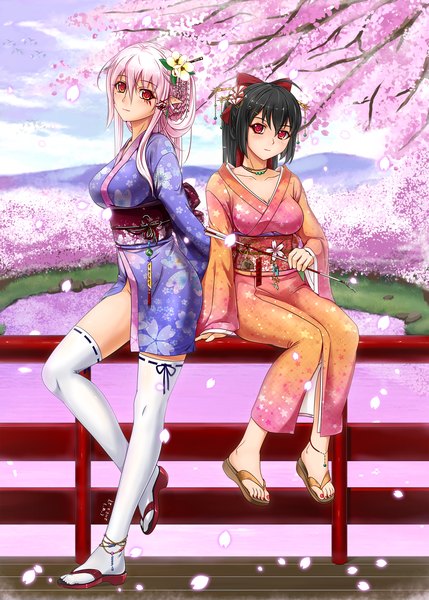 Anime picture 1575x2200 with original midnight (artist) long hair tall image black hair red eyes multiple girls pink hair traditional clothes japanese clothes pointy ears cherry blossoms girl thighhighs hair ornament bow 2 girls plant (plants) hair bow petals