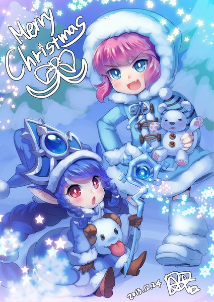 Anime picture 600x847 with league of legends lulu (league of legends) annie (league of legends) tibbers (league of legends) poro (league of legends) dakun87 (artist) tall image looking at viewer blush short hair open mouth blue eyes smile red eyes multiple girls blue hair pink hair very long hair horn (horns) black eyes