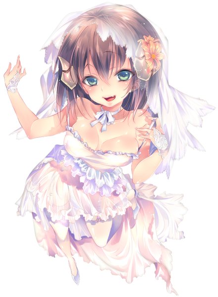Anime picture 1048x1428 with original kamishiki long hair tall image looking at viewer blush open mouth light erotic simple background brown hair white background green eyes hair flower wedding girl thighhighs dress hair ornament flower (flowers) white thighhighs