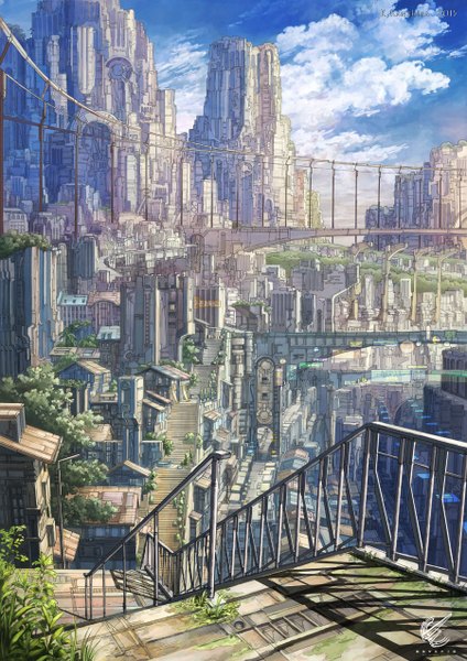 Anime picture 900x1272 with original k kanehira tall image sky cloud (clouds) city cityscape no people landscape scenic logo plant (plants) tree (trees) building (buildings) stairs bridge