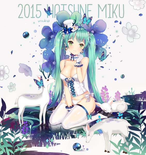 Anime picture 1200x1274 with vocaloid hatsune miku dangmill single tall image looking at viewer blush breasts light erotic green eyes very long hair aqua hair character names 2015 girl thighhighs underwear panties flower (flowers) hat