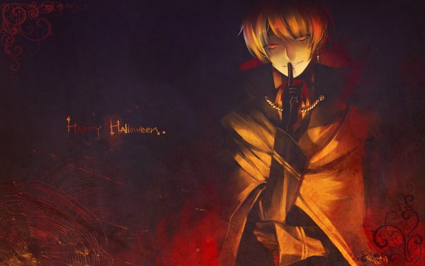 Anime picture 1680x1050 with tagme (copyright) coralstone single short hair blonde hair red eyes wide image light smile inscription halloween hand to mouth happy halloween boy gloves earrings black gloves cloak
