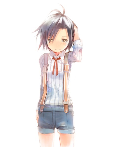 Anime picture 1500x1853 with idolmaster kikuchi makoto nerima single tall image blush short hair simple background standing white background brown eyes ahoge tears striped hand on head crying dark hair girl shorts blouse
