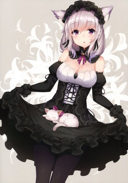 Anime picture 2382x3407 with virtual youtuber note takehana takehana note (vtuber) takehana note single long hair tall image blush highres breasts open mouth purple eyes bare shoulders animal ears silver hair cat ears scan cat girl girl dress