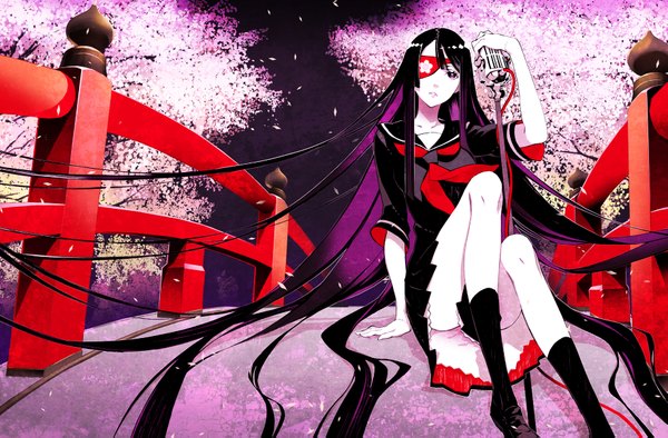 Anime picture 1825x1199 with original miwa shirow single highres black hair sitting purple eyes looking away very long hair cherry blossoms girl uniform plant (plants) school uniform petals tree (trees) socks black socks eyepatch microphone stand