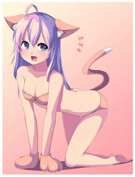 Anime picture 1144x1500 with saiste single long hair tall image blush open mouth blue eyes light erotic simple background animal ears purple hair tail animal tail cat ears cat girl cat tail underwear only girl gloves underwear