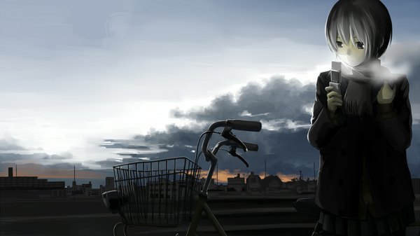 Anime picture 1920x1080 with original hitori (htr t) single fringe highres short hair wide image holding sky cloud (clouds) grey hair grey eyes steam girl scarf building (buildings) ground vehicle phone bicycle
