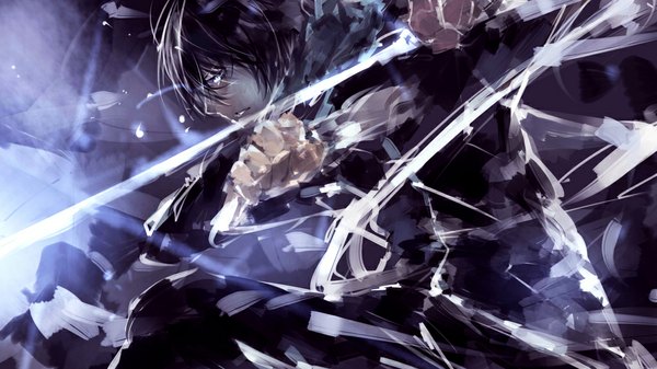 Anime picture 1024x576 with noragami studio bones yato (noragami) tagme (artist) single fringe wide image holding purple hair profile lips glowing glowing eye (eyes) fighting stance serious boy weapon sword hairband katana
