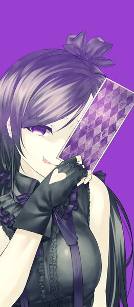 Anime picture 1400x3200 with love live! school idol project sunrise (studio) love live! toujou nozomi sizuka (takuma0) single long hair tall image looking at viewer black hair simple background purple eyes holding upper body purple background covering eye (eyes) girl dress gloves bow