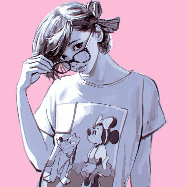 Anime picture 900x900 with original disney minnie mouse pluto ilya kuvshinov single looking at viewer short hair simple background standing looking away black eyes monochrome portrait close-up pink background adjusting glasses girl dress bow