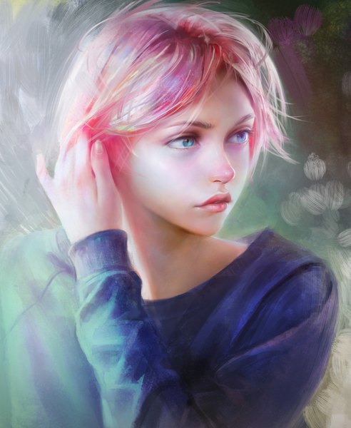 Anime picture 1575x1920 with original arata yokoyama single tall image blush fringe short hair blue eyes looking away pink hair upper body long sleeves parted lips lips realistic adjusting hair girl sweater